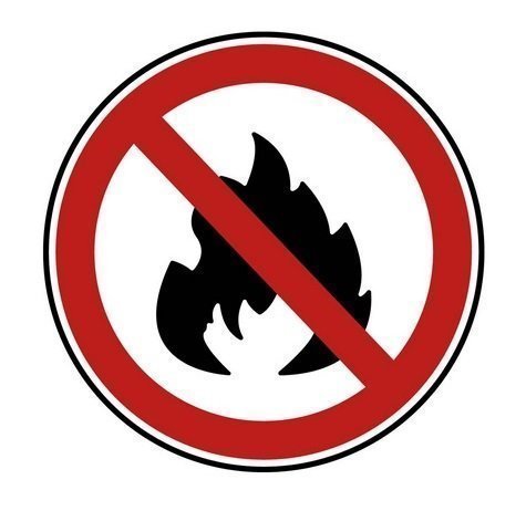 Flamme in schwarz, welches mit einem Verbots Schild (Rundes Verbotsschild mit Querstrich in rot)
